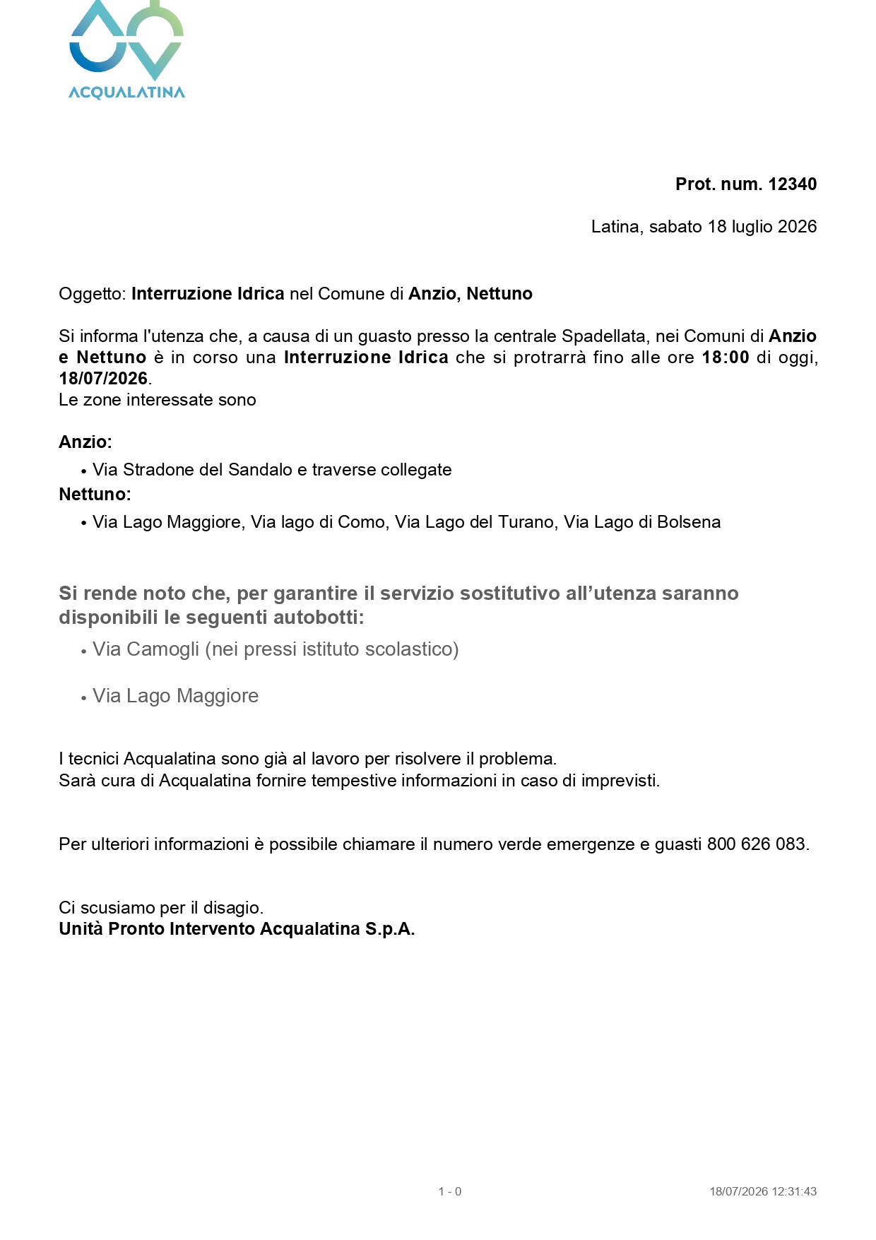 La nota odierna di Acqualatina