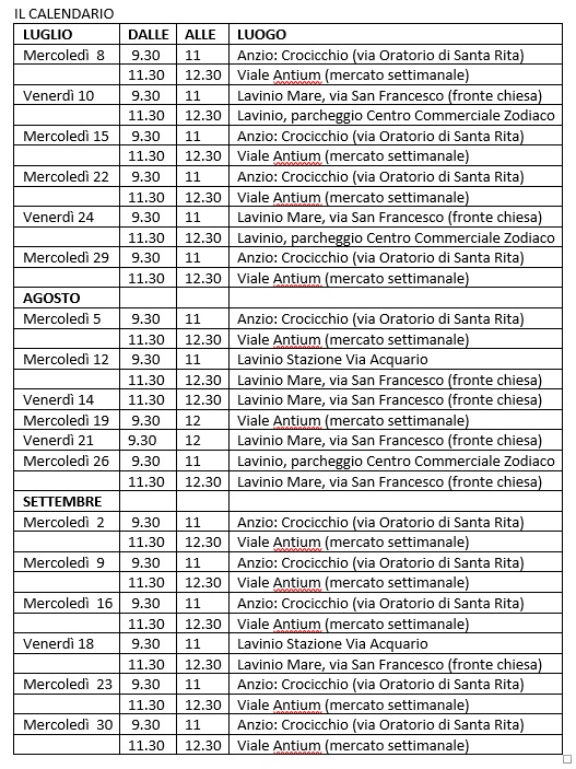 Il calendario del servizio Pua itinerante