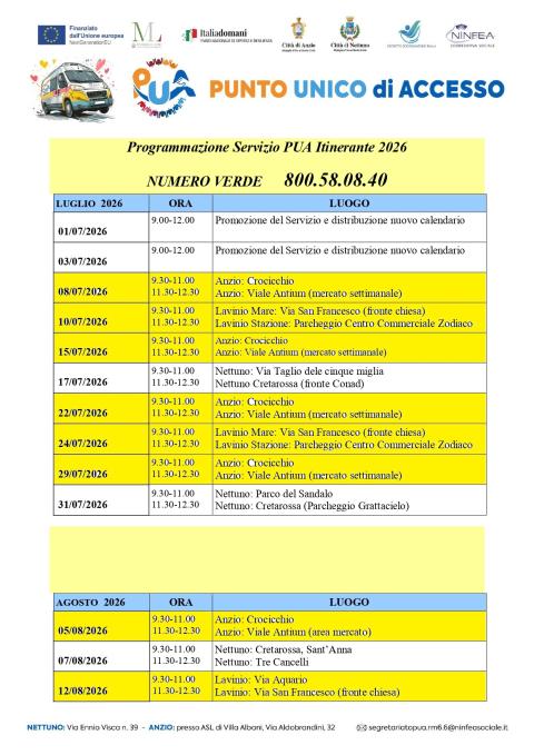 Il calendario del servizio Pua itinerante da luglio a settempre