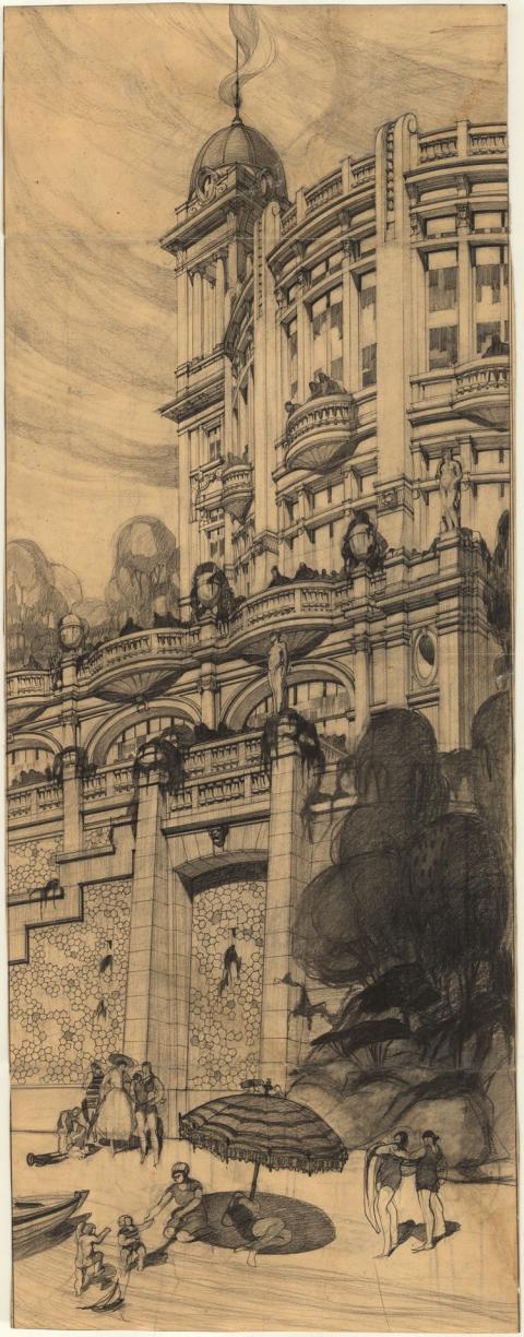 Cesare Bazzani, Paradiso sul mare, Anzio, Scorcio della facciata, 1919-1924, carboncino su cartoncino, mm 1300 × 503, Archivio di Stato di Terni, Fondo Cesare Bazzani, RM010015.
